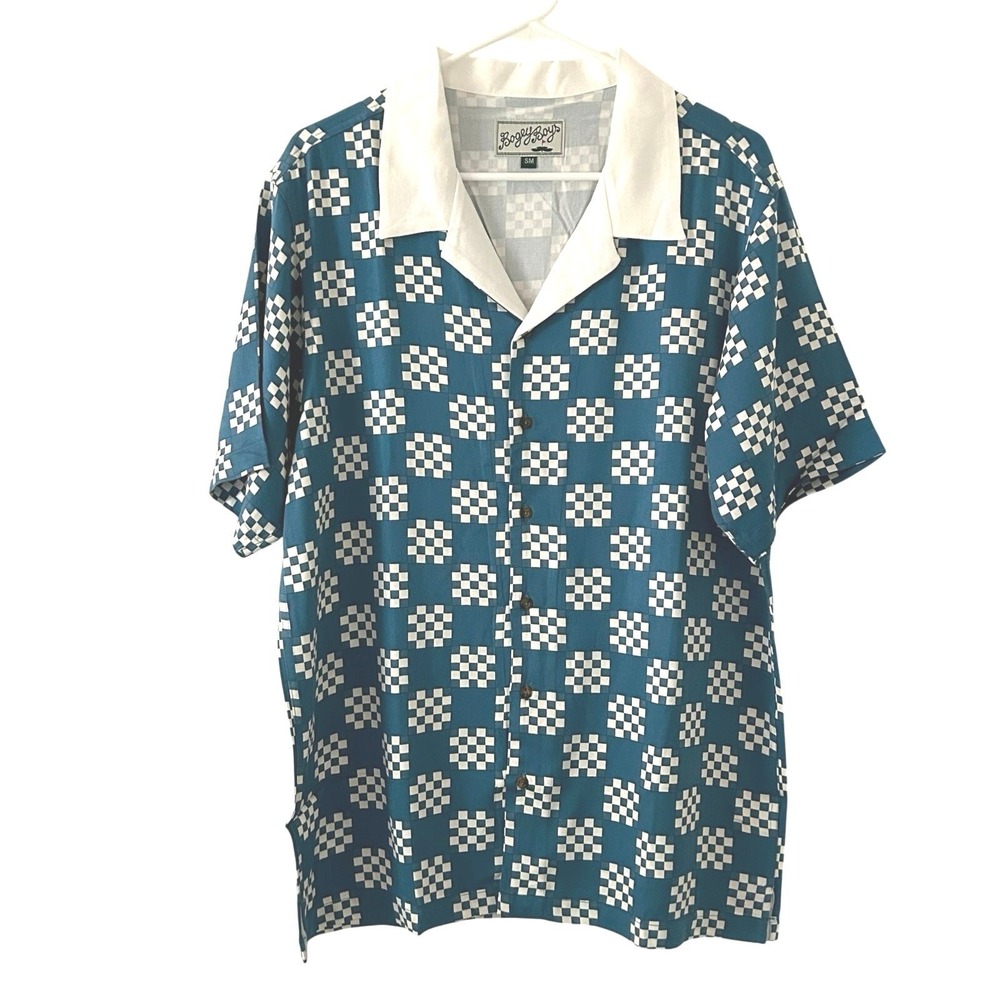 Bogey Boys Men's Blue Big Check Button Front Golf Retro Look Polo L Large New
